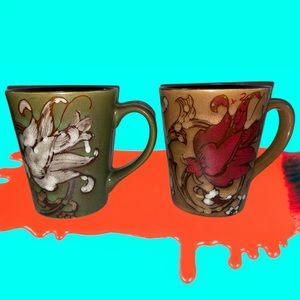 VTG 70s Otagiri Style Japan Speckled Stoneware Coffee Cups, Dark Tan & Green